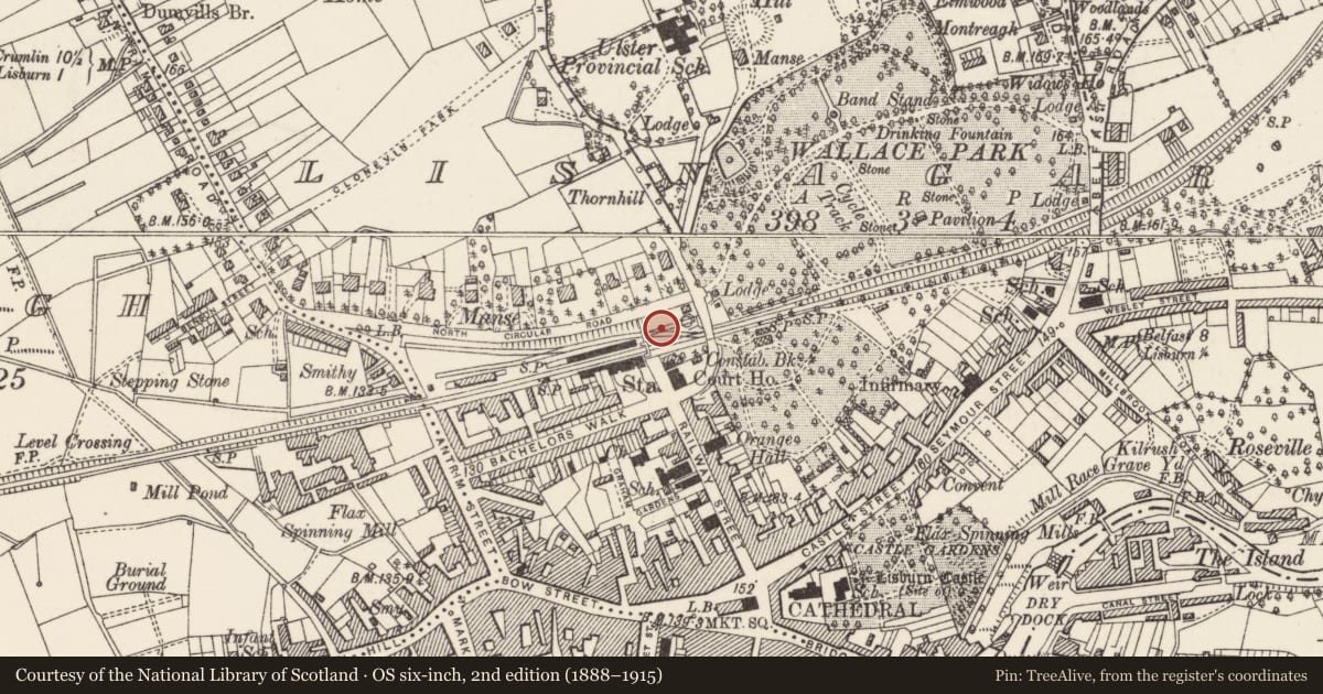 Ordnance Survey six-inch map, 2nd edition (1888–1915) covering the location of Footbridge and Passenger Gateway, Lisnagarvey, Lisburn and Castlereagh, with a pin at the register's coordinates