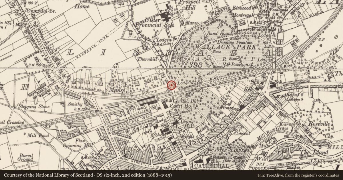 Ordnance Survey six-inch map, 2nd edition (1888–1915) covering the location of Station House, Lisnagarvy, Lisburn and Castlereagh, with a pin at the register's coordinates