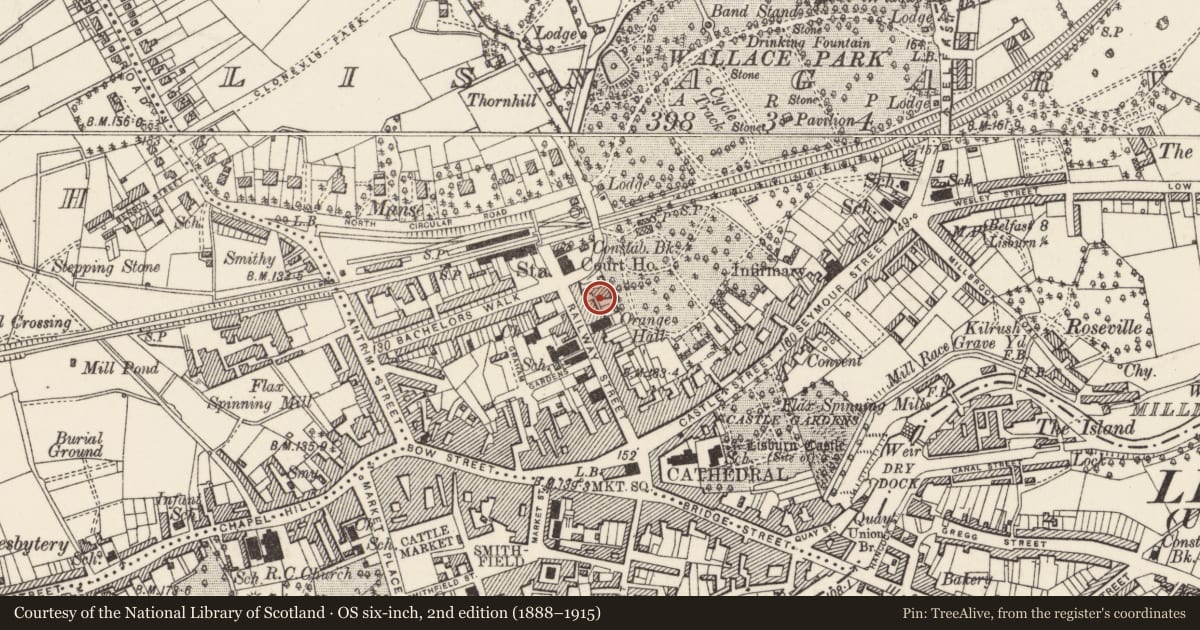 Ordnance Survey six-inch map, 2nd edition (1888–1915) covering the location of 44 Railway Street, Lisburn and Castlereagh, with a pin at the register's coordinates