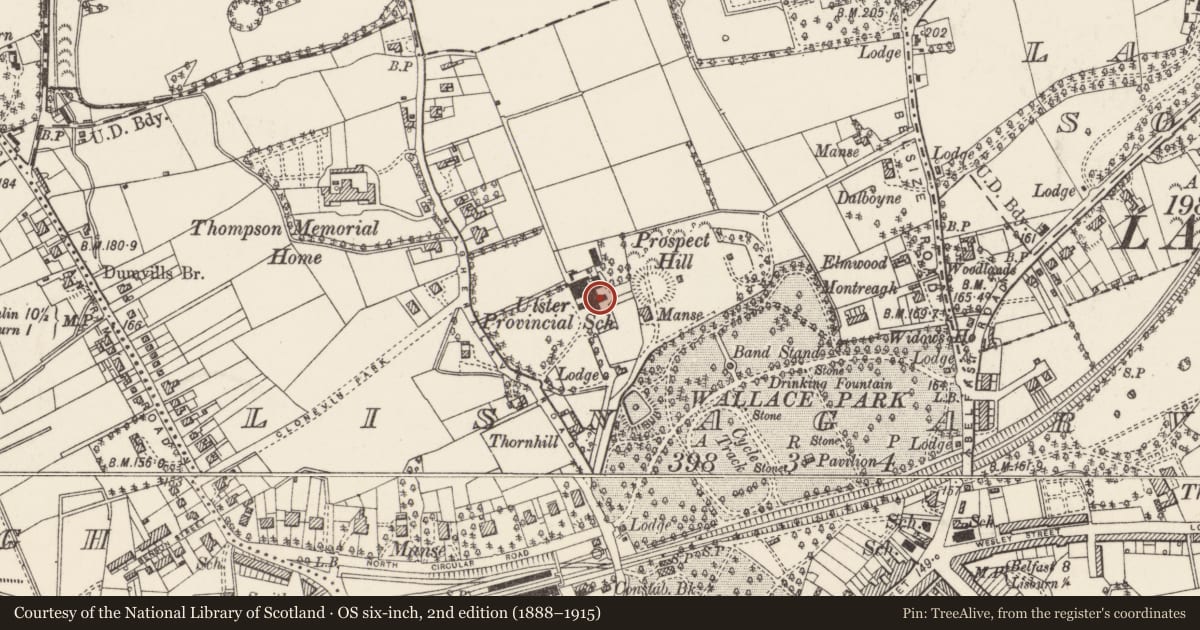Ordnance Survey six-inch map, 2nd edition (1888–1915) covering the location of Friends' School Lisburn, Lisnagarvy, Lisburn and Castlereagh, with a pin at the register's coordinates