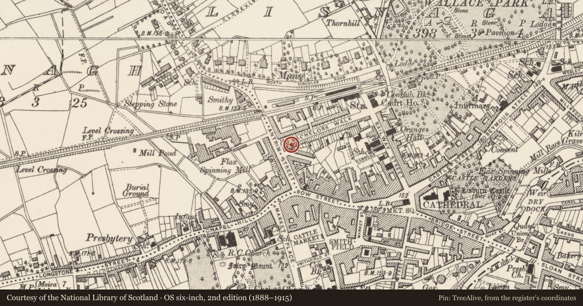 Ordnance Survey six-inch map, 2nd edition (1888–1915) covering the location of 54-56 Antrim Street, Tonagh, Lisburn and Castlereagh, with a pin at the register's coordinates