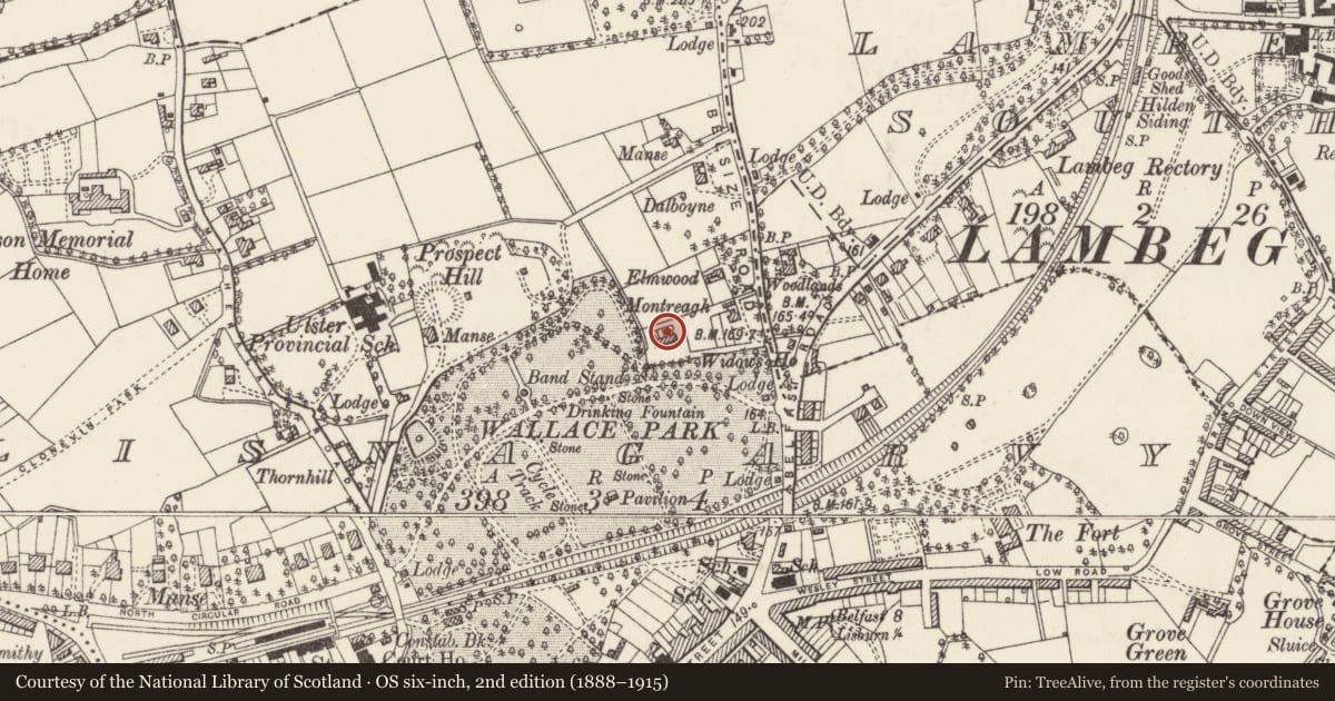 Ordnance Survey six-inch map, 2nd edition (1888–1915) covering the location of 1 Parkmount, Lisnagarvy, Lisburn and Castlereagh, with a pin at the register's coordinates
