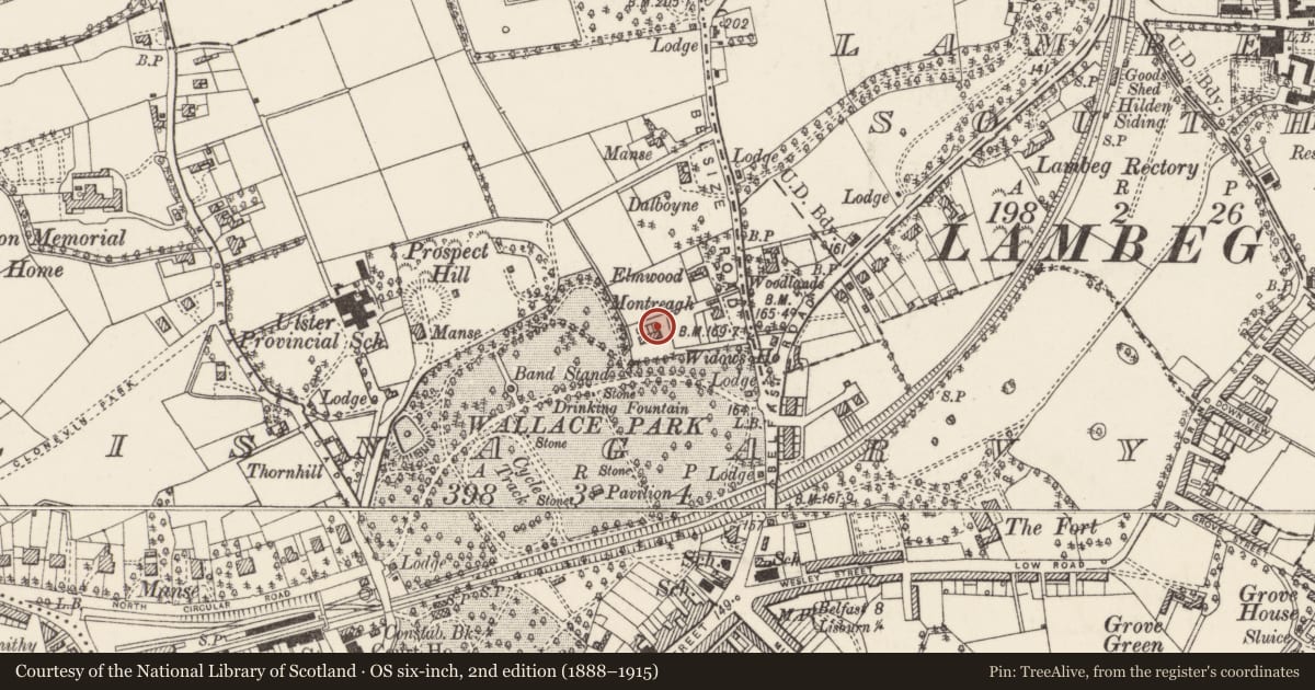 Ordnance Survey six-inch map, 2nd edition (1888–1915) covering the location of 2 Parkmount, Lisnagarvy, Lisburn and Castlereagh, with a pin at the register's coordinates