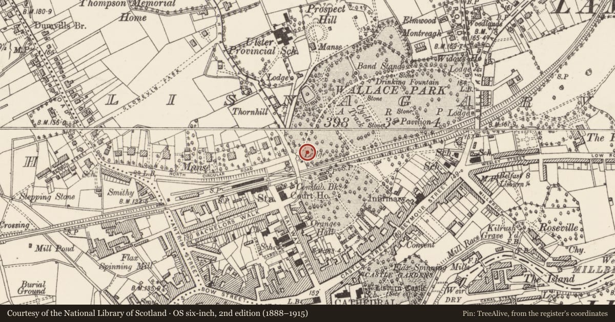 Ordnance Survey six-inch map, 2nd edition (1888–1915) covering the location of Gate Lodge, Magheralave, Lisburn and Castlereagh, with a pin at the register's coordinates