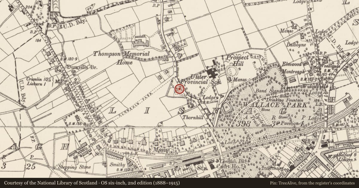 Ordnance Survey six-inch map, 2nd edition (1888–1915) covering the location of Thornfield, Lisnagarvy, Lisburn and Castlereagh, with a pin at the register's coordinates