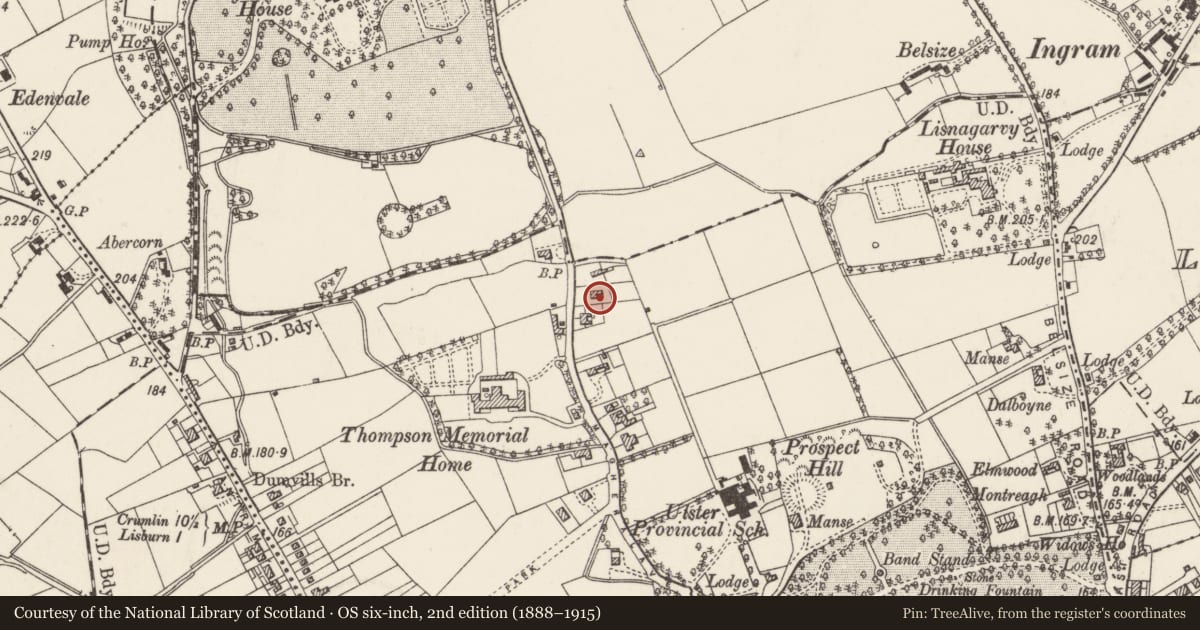 Ordnance Survey six-inch map, 2nd edition (1888–1915) covering the location of Summer House, Lisnagarvy, Lisburn and Castlereagh, with a pin at the register's coordinates