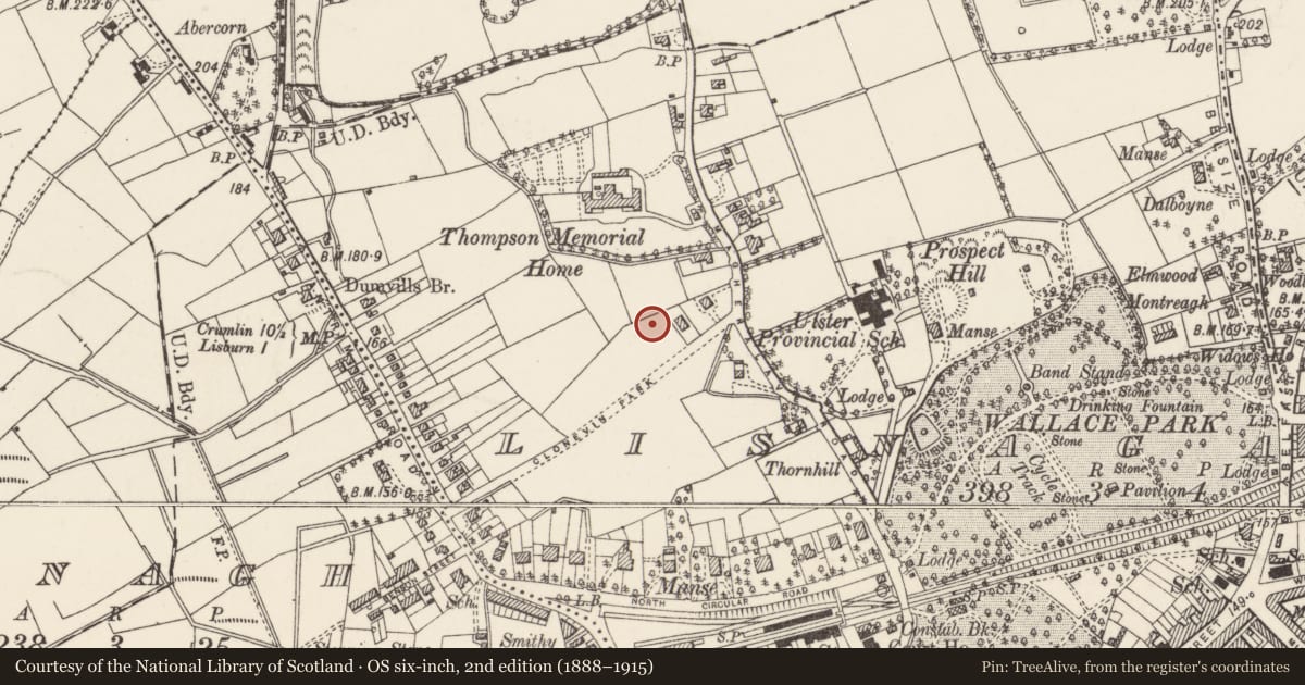 Ordnance Survey six-inch map, 2nd edition (1888–1915) covering the location of Summer House, Lisnagarvy, Lisburn and Castlereagh, with a pin at the register's coordinates