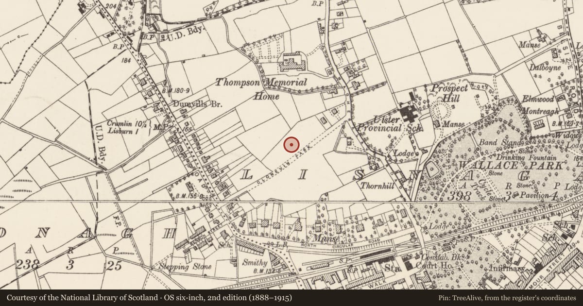 Ordnance Survey six-inch map, 2nd edition (1888–1915) covering the location of 14 Clonevin Park, Lisnagarvy, Lisburn and Castlereagh, with a pin at the register's coordinates