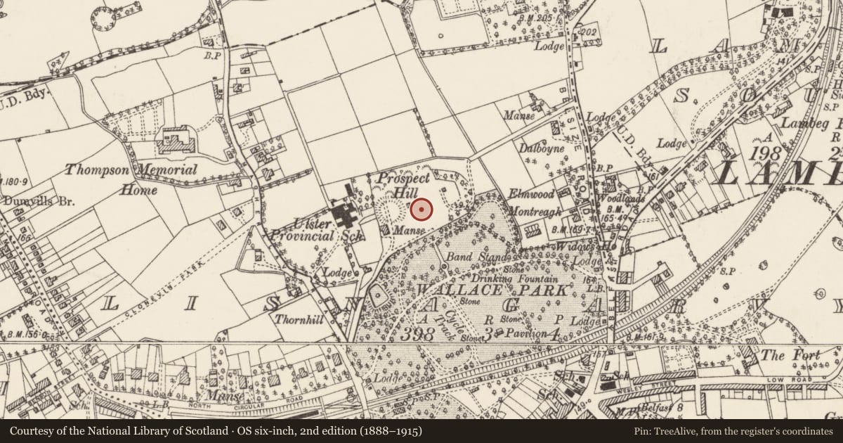 Ordnance Survey six-inch map, 2nd edition (1888–1915) covering the location of Ardfoyle, Lisnagarvy, Lisburn and Castlereagh, with a pin at the register's coordinates