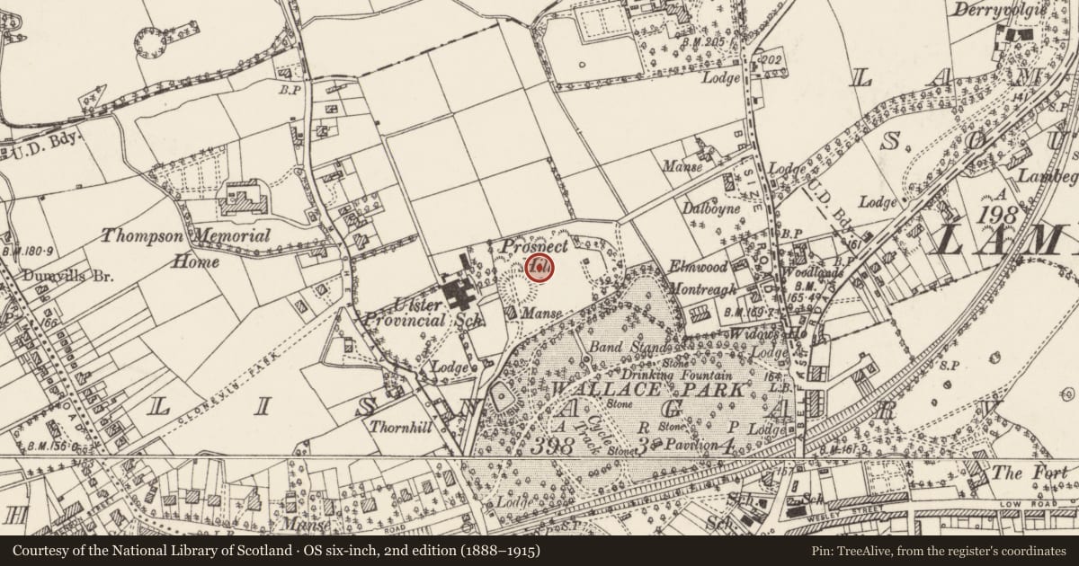 Ordnance Survey six-inch map, 2nd edition (1888–1915) covering the location of Glen Shira, Lisnagarvy, Lisburn and Castlereagh, with a pin at the register's coordinates