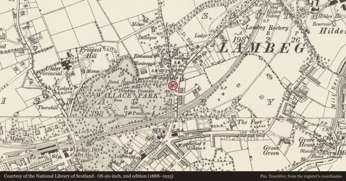 Ordnance Survey six-inch map, 2nd edition (1888–1915) covering the location of Gate Lodge, Lisnagarvy, Lisburn and Castlereagh, with a pin at the register's coordinates