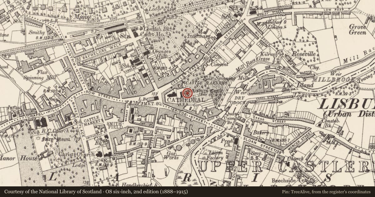 Ordnance Survey six-inch map, 2nd edition (1888–1915) covering the location of Church Hall, Lisnagarvy, Lisburn and Castlereagh, with a pin at the register's coordinates