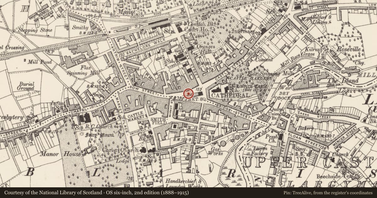 Ordnance Survey six-inch map, 2nd edition (1888–1915) covering the location of Nicholson Memorial, Old Warren, Lisburn and Castlereagh, with a pin at the register's coordinates