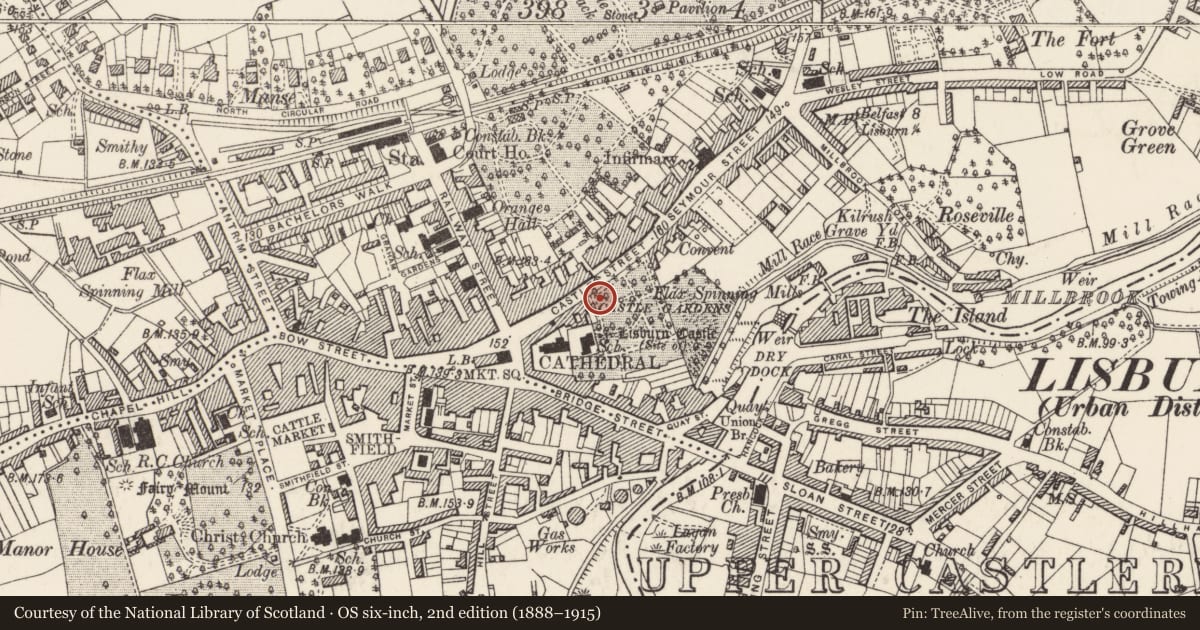 Ordnance Survey six-inch map, 2nd edition (1888–1915) covering the location of Old Masonic Hall, Lisnagarvy, Lisburn and Castlereagh, with a pin at the register's coordinates