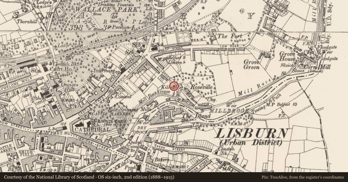 Ordnance Survey six-inch map, 2nd edition (1888–1915) covering the location of Kilrush Graveyard, Lisburn and Castlereagh, with a pin at the register's coordinates
