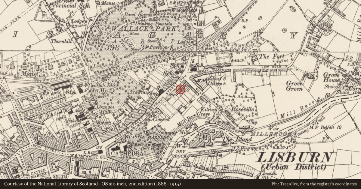 Ordnance Survey six-inch map, 2nd edition (1888–1915) covering the location of 20 Seymour Street, Lisnagarvy, Lisburn and Castlereagh, with a pin at the register's coordinates