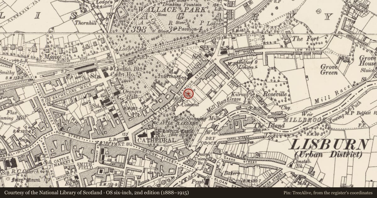 Ordnance Survey six-inch map, 2nd edition (1888–1915) covering the location of 44-46 Castle Street, Lisburn and Castlereagh, with a pin at the register's coordinates
