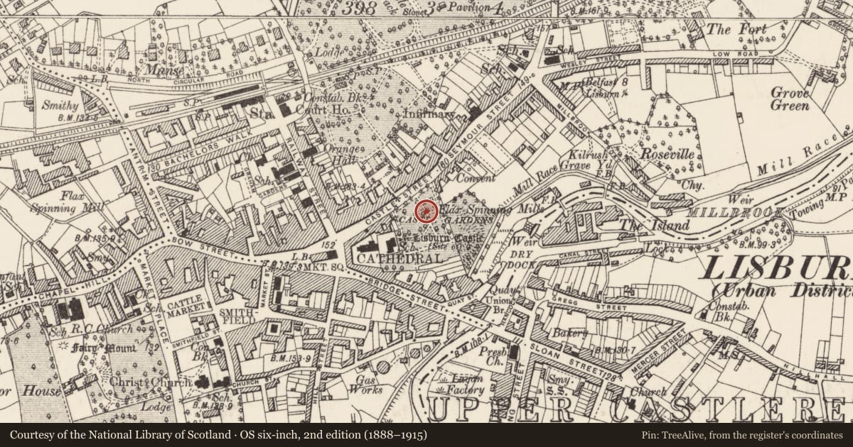 Ordnance Survey six-inch map, 2nd edition (1888–1915) covering the location of Fountain, Lisnagarvy, Lisburn and Castlereagh, with a pin at the register's coordinates