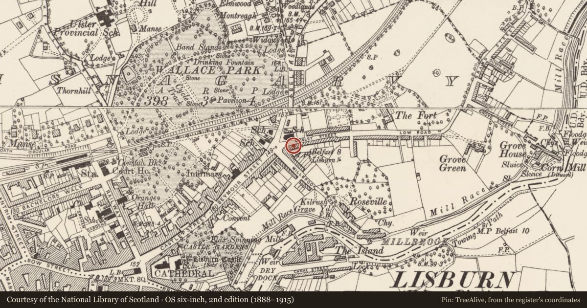Ordnance Survey six-inch map, 2nd edition (1888–1915) covering the location of 1 Victoria Crescent, Lisnagarvy, Lisburn and Castlereagh, with a pin at the register's coordinates