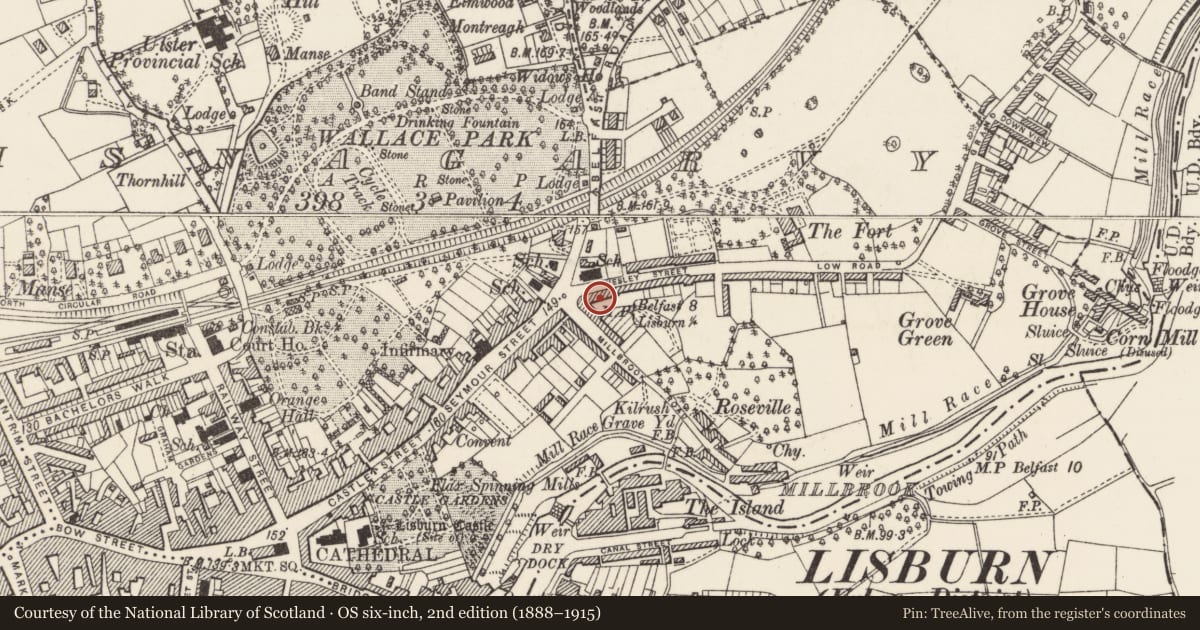 Ordnance Survey six-inch map, 2nd edition (1888–1915) covering the location of 3 Victoria Crescent, Lisnagarvy, Lisburn and Castlereagh, with a pin at the register's coordinates