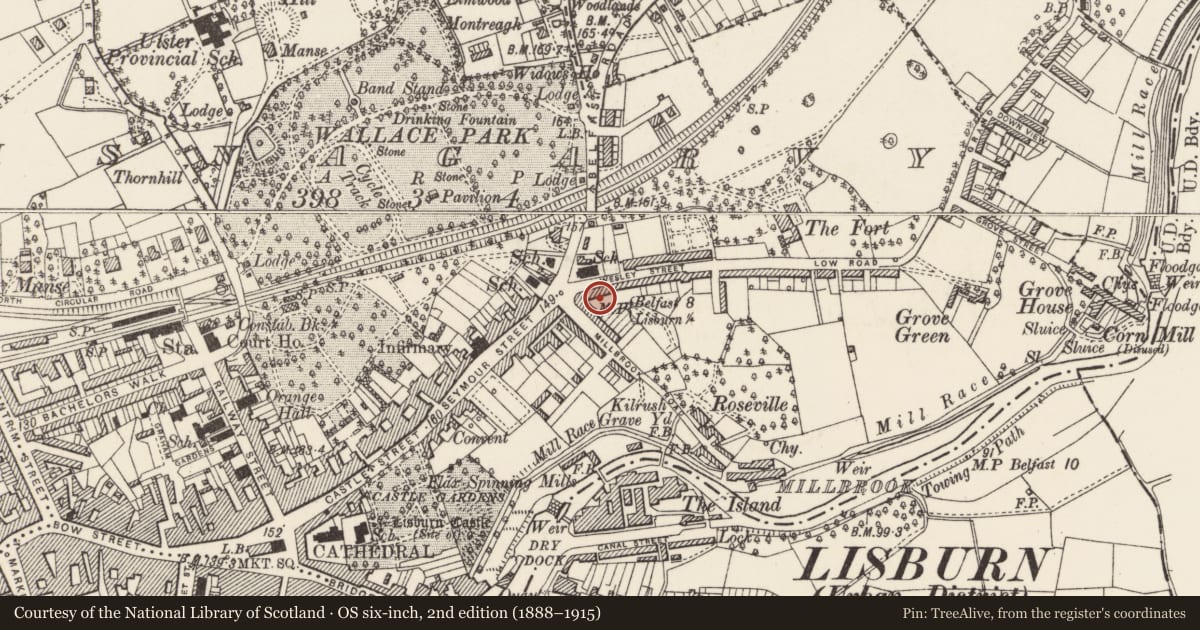 Ordnance Survey six-inch map, 2nd edition (1888–1915) covering the location of 5 Victoria Crescent, Lisnagarvy, Lisburn and Castlereagh, with a pin at the register's coordinates