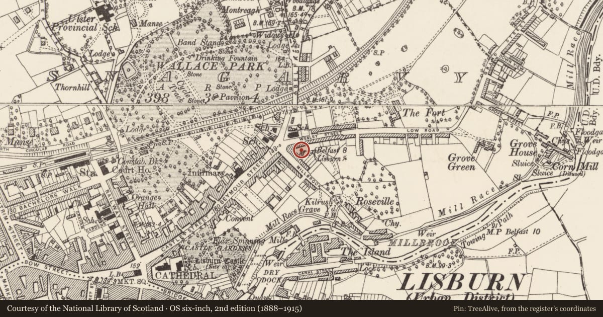 Ordnance Survey six-inch map, 2nd edition (1888–1915) covering the location of 9 Victoria Crescent, Lisnagarvy, Lisburn and Castlereagh, with a pin at the register's coordinates