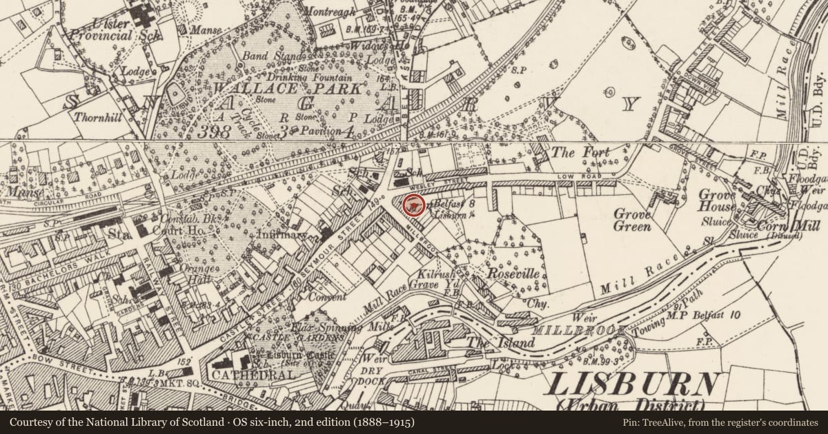 Ordnance Survey six-inch map, 2nd edition (1888–1915) covering the location of 11 Victoria Crescent, Lisnagarvy, Lisburn and Castlereagh, with a pin at the register's coordinates