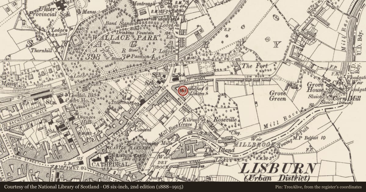 Ordnance Survey six-inch map, 2nd edition (1888–1915) covering the location of 15 Victoria Crescent, Lisnagarvy, Lisburn and Castlereagh, with a pin at the register's coordinates