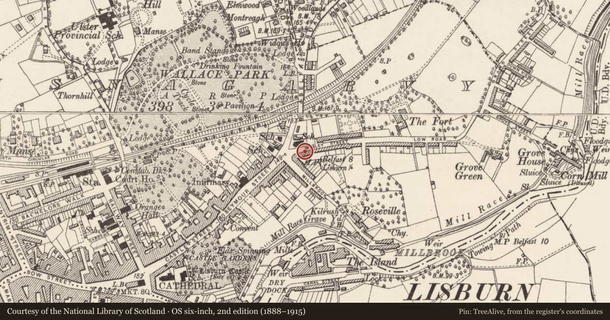 Ordnance Survey six-inch map, 2nd edition (1888–1915) covering the location of 2 Victoria Crescent, Lisnagarvy, Lisburn and Castlereagh, with a pin at the register's coordinates
