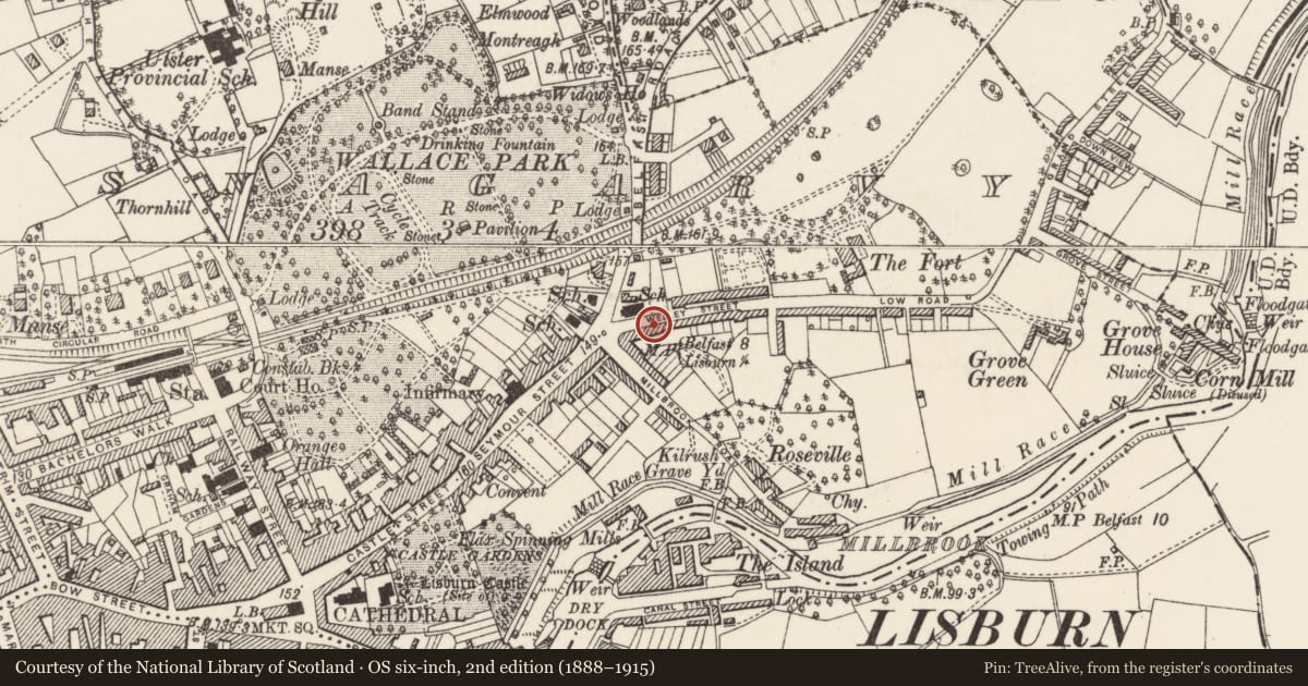Ordnance Survey six-inch map, 2nd edition (1888–1915) covering the location of 6 Victoria Crescent, Lisnagarvy, Lisburn and Castlereagh, with a pin at the register's coordinates