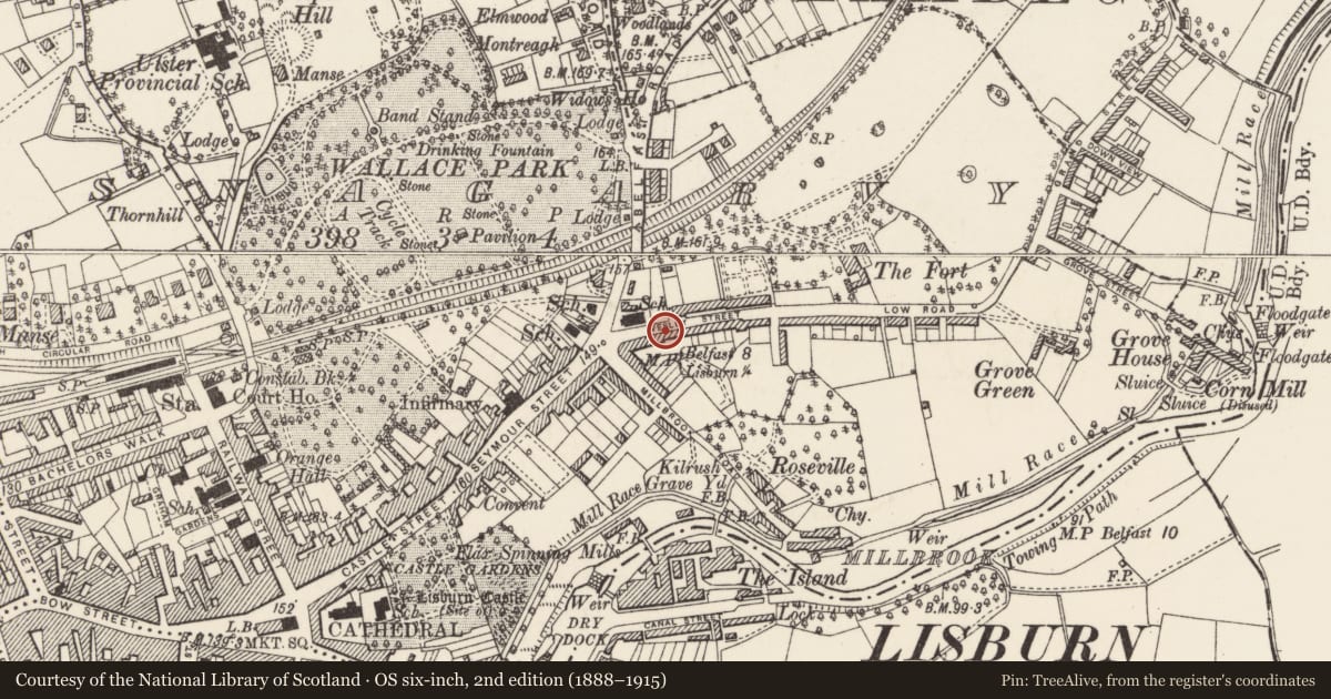 Ordnance Survey six-inch map, 2nd edition (1888–1915) covering the location of 12 Victoria Crescent, Lisnagarvy, Lisburn and Castlereagh, with a pin at the register's coordinates