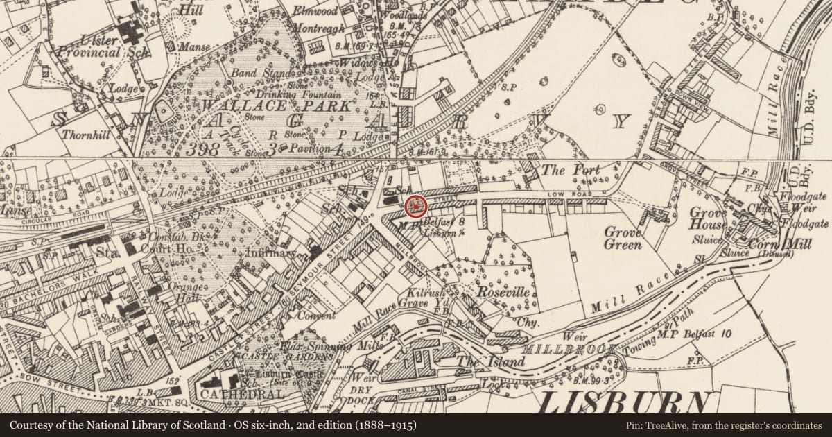 Ordnance Survey six-inch map, 2nd edition (1888–1915) covering the location of 16 Victoria Crescent, Lisnagarvy, Lisburn and Castlereagh, with a pin at the register's coordinates