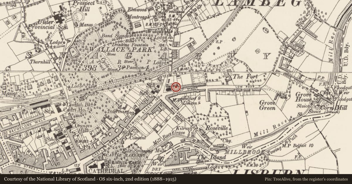 Ordnance Survey six-inch map, 2nd edition (1888–1915) covering the location of Seymour Street Methodist Church, Lisnagarvy, Lisburn and Castlereagh, with a pin at the register's coordinates