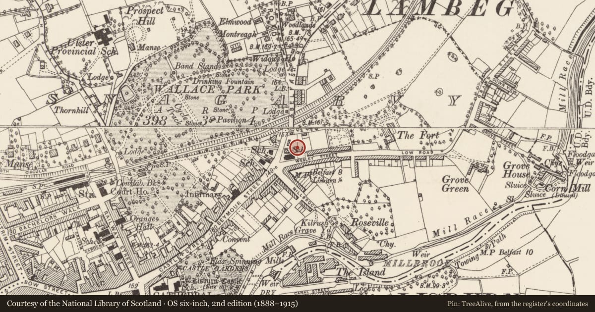 Ordnance Survey six-inch map, 2nd edition (1888–1915) covering the location of Manse, Lisnagarvy, Lisburn and Castlereagh, with a pin at the register's coordinates