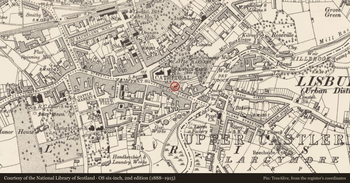 Ordnance Survey six-inch map, 2nd edition (1888–1915) covering the location of 31-35 Bridge Street, Old Warren, Lisburn and Castlereagh, with a pin at the register's coordinates