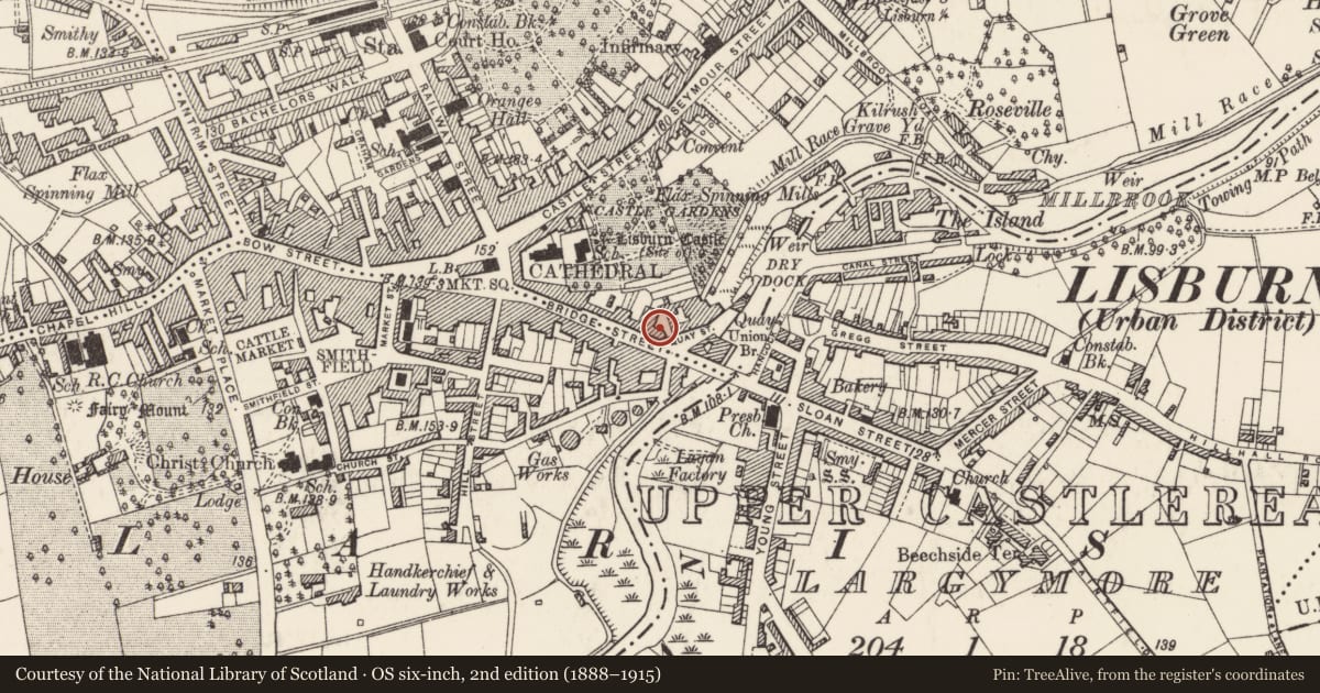 Ordnance Survey six-inch map, 2nd edition (1888–1915) covering the location of 63-65 Bridge Street, Old Warren, Lisburn and Castlereagh, with a pin at the register's coordinates