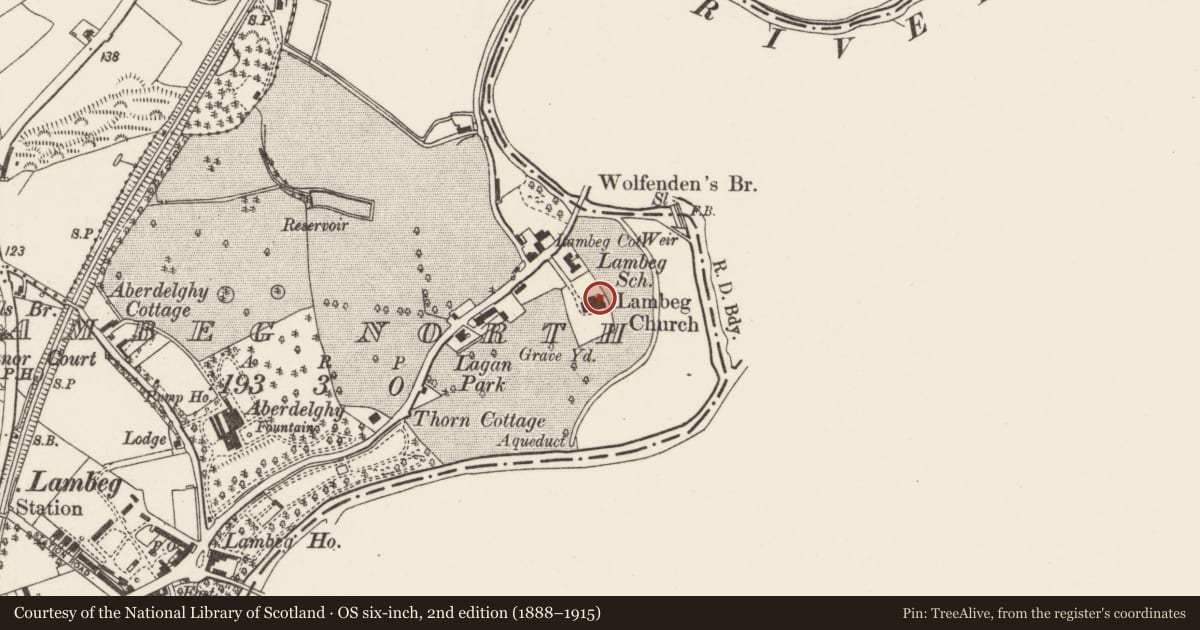 Ordnance Survey six-inch map, 2nd edition (1888–1915) covering the location of Lambeg Parish Church, Lambeg North, Lisburn and Castlereagh, with a pin at the register's coordinates