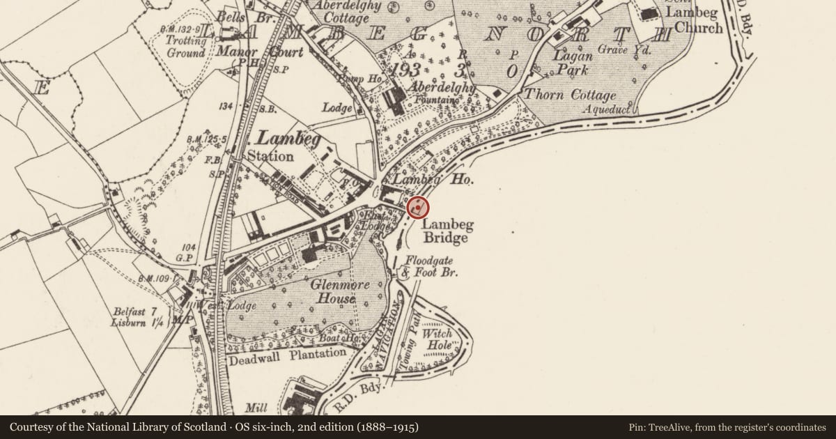 Ordnance Survey six-inch map, 2nd edition (1888–1915) covering the location of Lambeg Bridge, Lisburn and Castlereagh, with a pin at the register's coordinates