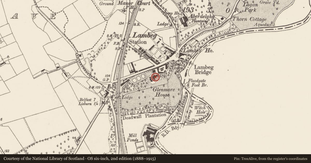 Ordnance Survey six-inch map, 2nd edition (1888–1915) covering the location of Glenmore House, Lambeg North, Lisburn and Castlereagh, with a pin at the register's coordinates