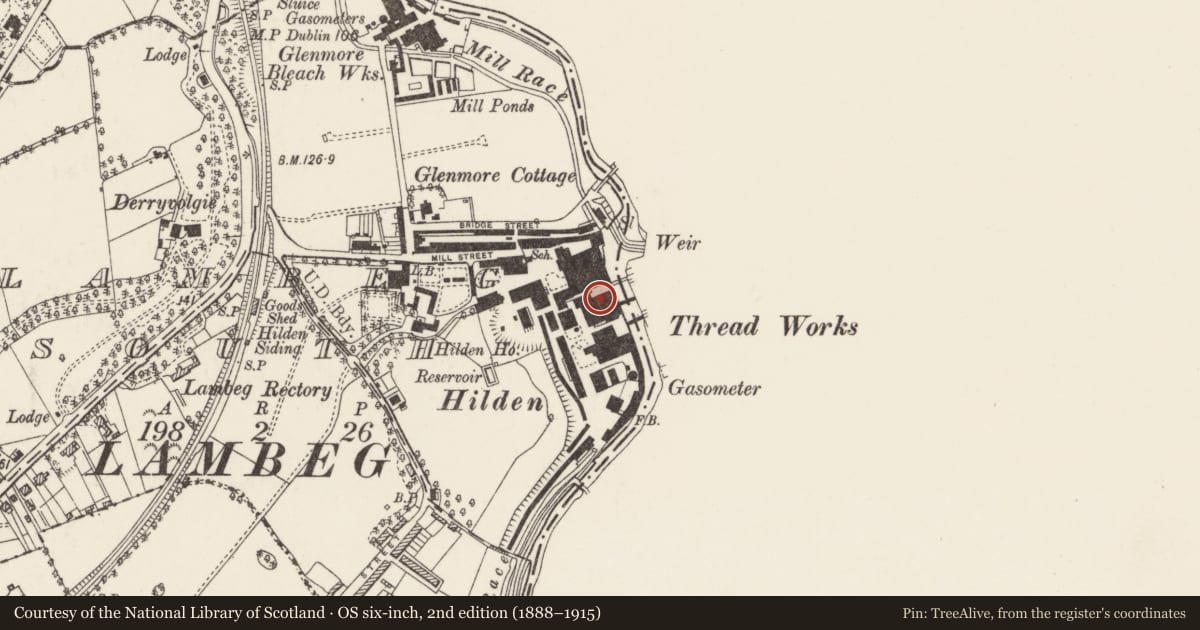 Ordnance Survey six-inch map, 2nd edition (1888–1915) covering the location of Hilden Mill, Lambeg South, Lisburn and Castlereagh, with a pin at the register's coordinates