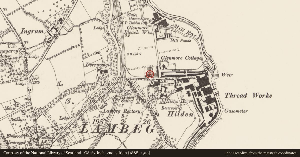 Ordnance Survey six-inch map, 2nd edition (1888–1915) covering the location of 2 Glenmore Terrace, Lambeg South, Lisburn and Castlereagh, with a pin at the register's coordinates