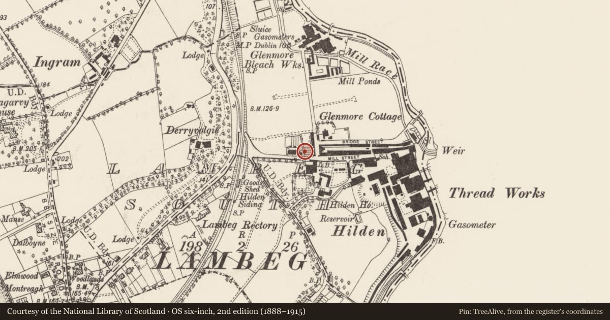 Ordnance Survey six-inch map, 2nd edition (1888–1915) covering the location of 5 Glenmore Terrace, Lambeg South, Lisburn and Castlereagh, with a pin at the register's coordinates