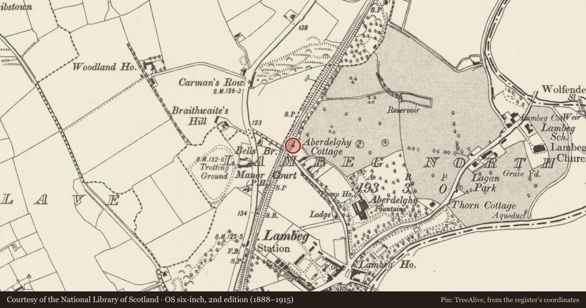 Ordnance Survey six-inch map, 2nd edition (1888–1915) covering the location of Bell’s Bridge, Lisburn and Castlereagh, with a pin at the register's coordinates