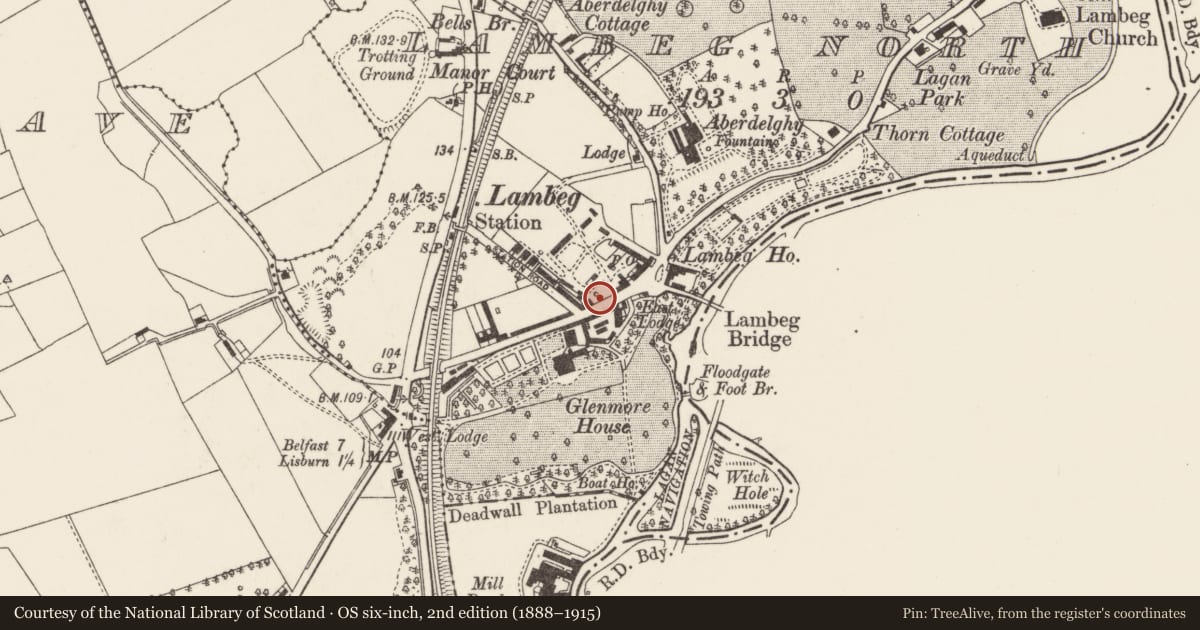 Ordnance Survey six-inch map, 2nd edition (1888–1915) covering the location of Comtrol, Lambeg North, Lisburn and Castlereagh, with a pin at the register's coordinates