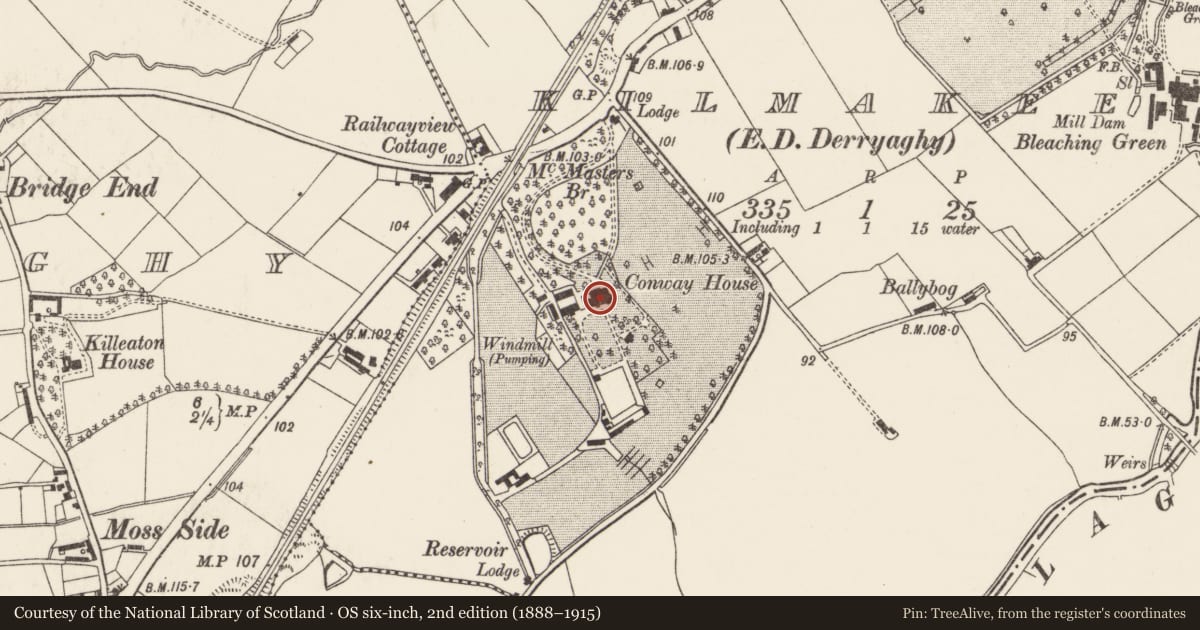 Ordnance Survey six-inch map, 2nd edition (1888–1915) covering the location of Conway House, Lisburn and Castlereagh, with a pin at the register's coordinates