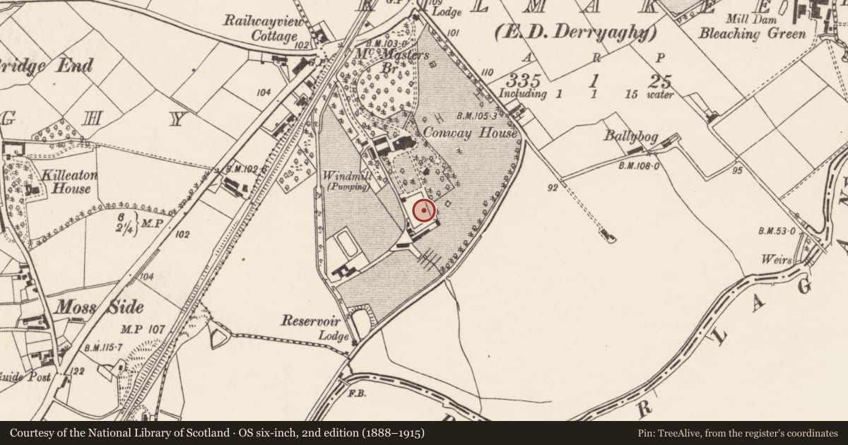 Ordnance Survey six-inch map, 2nd edition (1888–1915) covering the location of Conway House Walled Garden, Lisburn and Castlereagh, with a pin at the register's coordinates