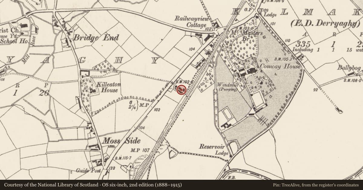 Ordnance Survey six-inch map, 2nd edition (1888–1915) covering the location of Mosside House, Lisburn and Castlereagh, with a pin at the register's coordinates