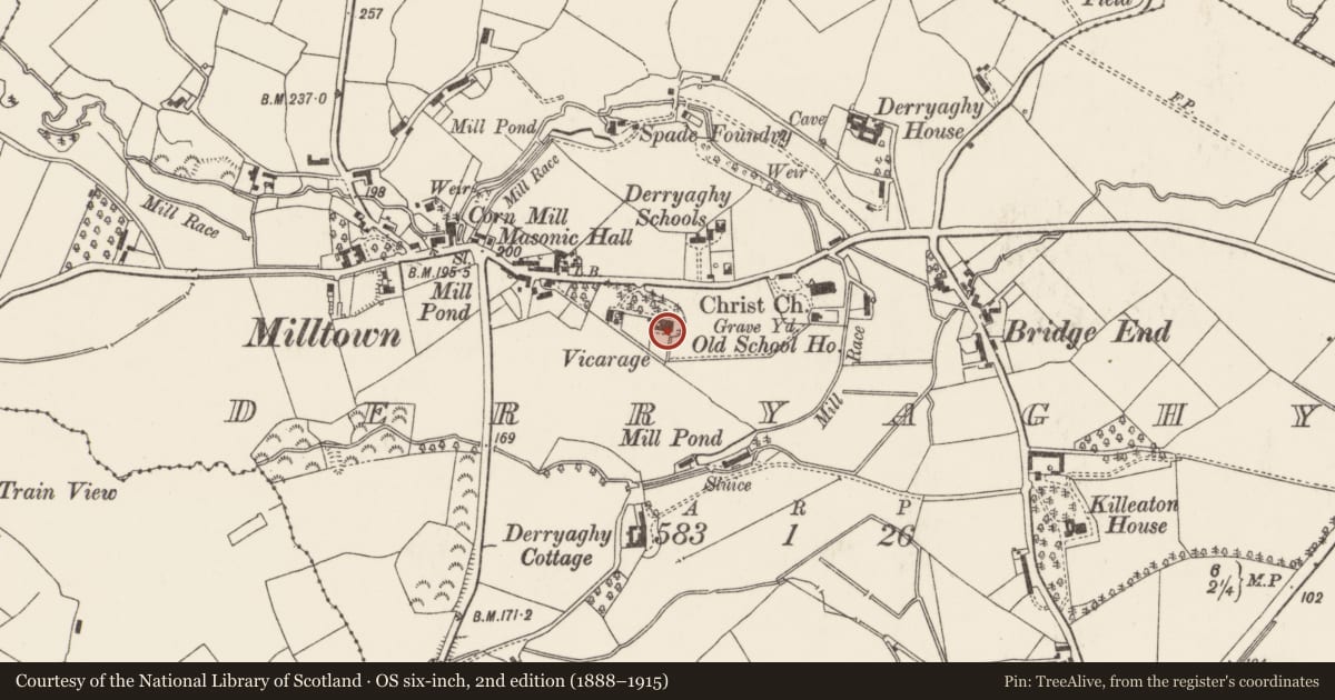 Ordnance Survey six-inch map, 2nd edition (1888–1915) covering the location of Derriaghy Vicarage, Lisburn and Castlereagh, with a pin at the register's coordinates
