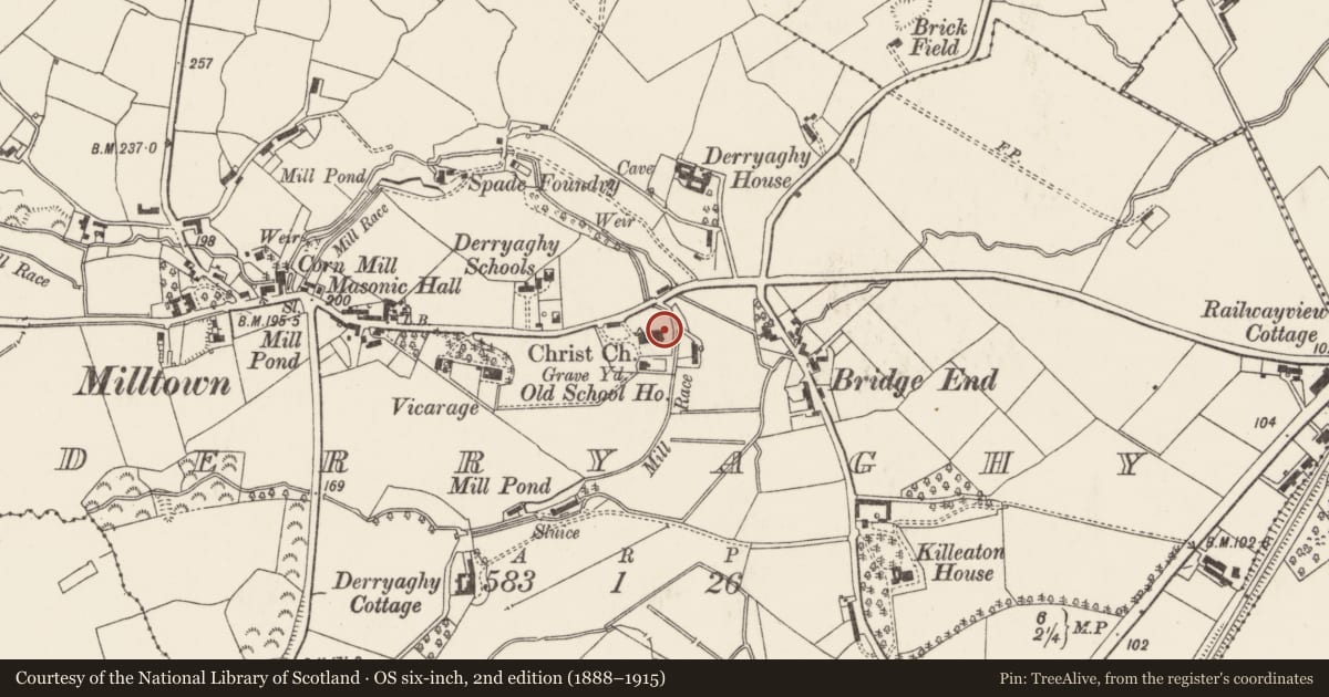 Ordnance Survey six-inch map, 2nd edition (1888–1915) covering the location of Christ Church of Ireland, Derriaghy, Lisburn and Castlereagh, with a pin at the register's coordinates