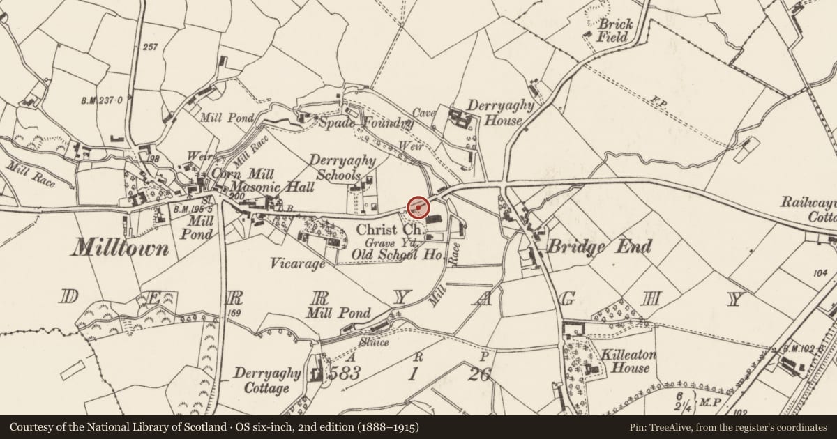Ordnance Survey six-inch map, 2nd edition (1888–1915) covering the location of Stable Block, Derraghy, Lisburn and Castlereagh, with a pin at the register's coordinates